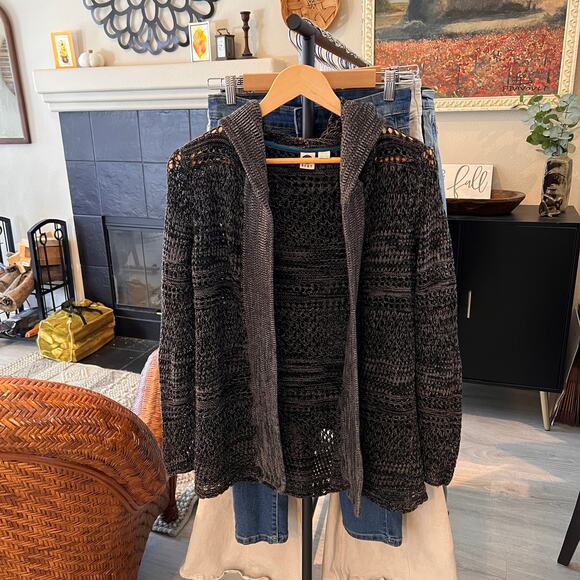 Roxy Sweater Womens Size Small Dark Gray Marled Open Knit Hoodie Cardigan - Picture 12 of 12